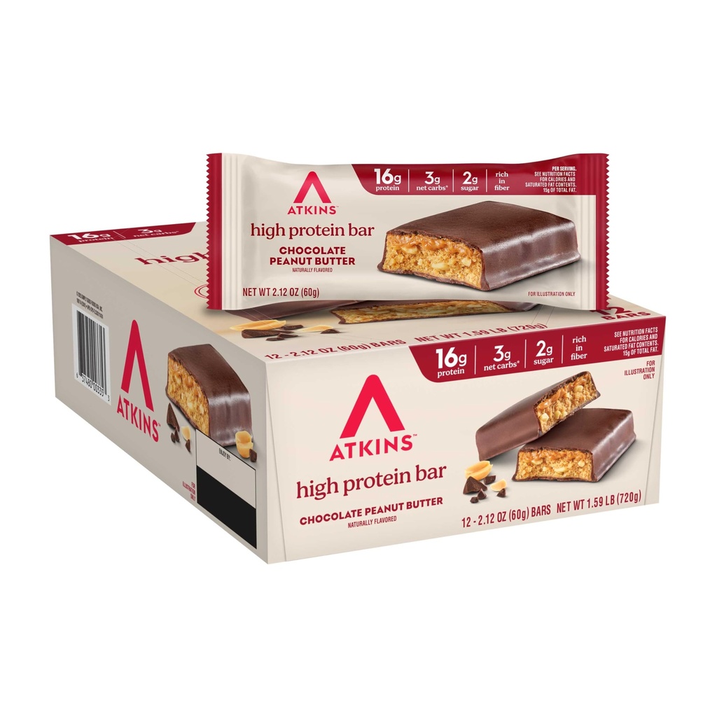 Atkins Chocolate Peanut Butter Protein Meal Bar, Alto Fiber, 16g Protein, Bajo Sugar, 3g Net Carb, Low Carb, Keto Friendly, 12 Cuenta