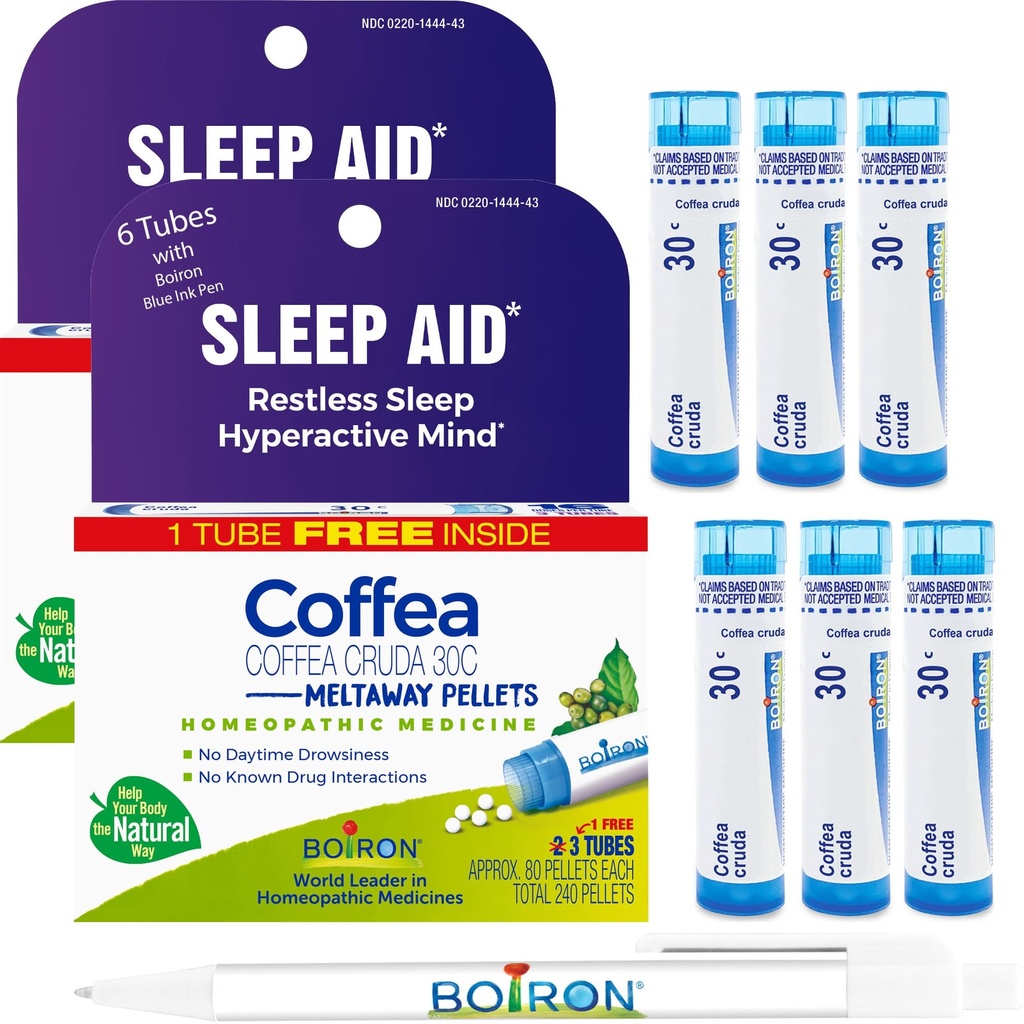 Boiron Coffea Cruda 30C - 6 Tubos Azules Total - Homeopático Ayuda para el sueño inquieto, hiperactividad mental, Pensamientos de carreras, y Dificultad para dormir con la tinta azul