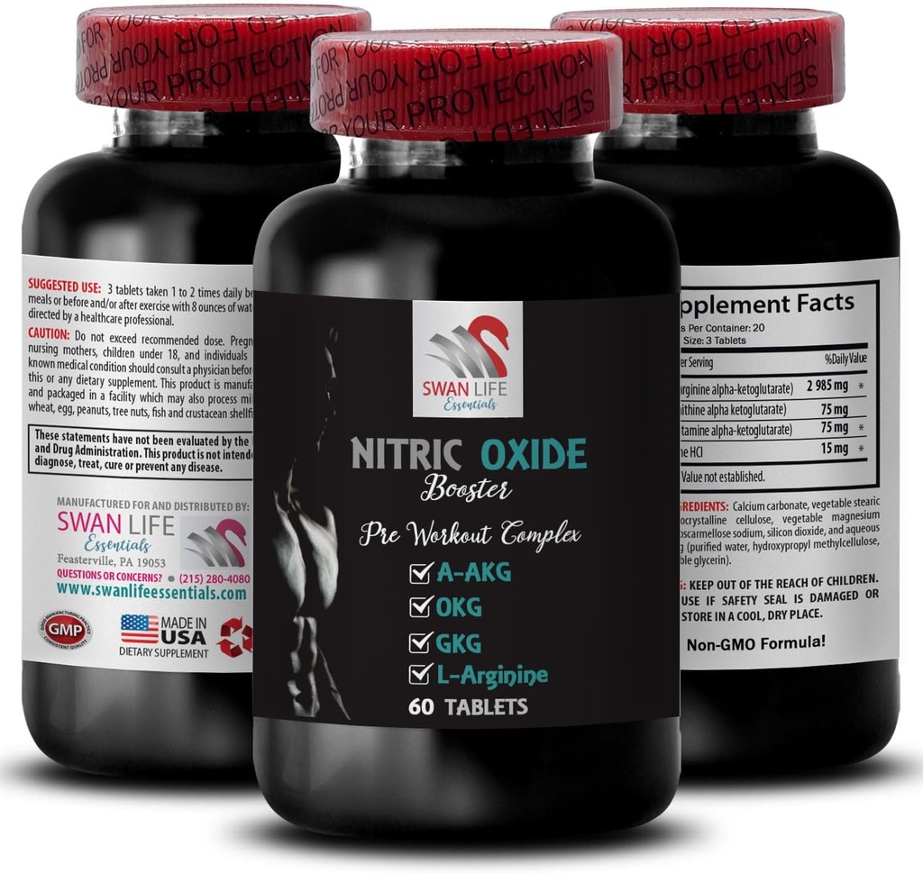 A-AKG - NITRIC OXIDE BOOSTER - suplementos de óxido nítrico para hombres, energía de ejercicio, potencia de bomba, fórmula de fitness, fórmula de resistencia, enfoque de rendimiento, mezcla de energía, potencia 1 Bottle 60 Tablets