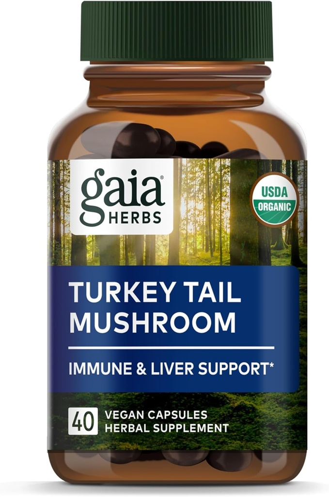 Gaia Herbs Turquía Tail Mushroom - Immune Support Suplemento para ayudar a mantener la salud del hígado - con Turquía orgánica Mushroom Fruiting Body Extract - 40 cápsulas Vegan