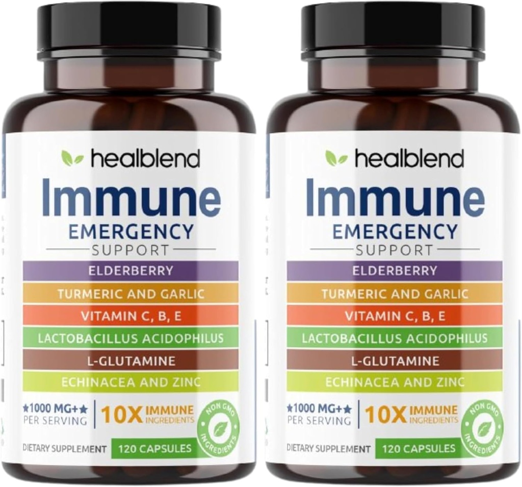 Healblend 10 in 1 Immune Support Supplement Booster with Elderberry, Zinc, Echinacea, Turmeric, Lactobacillus Acidophilus, for Adults (2 Pack)