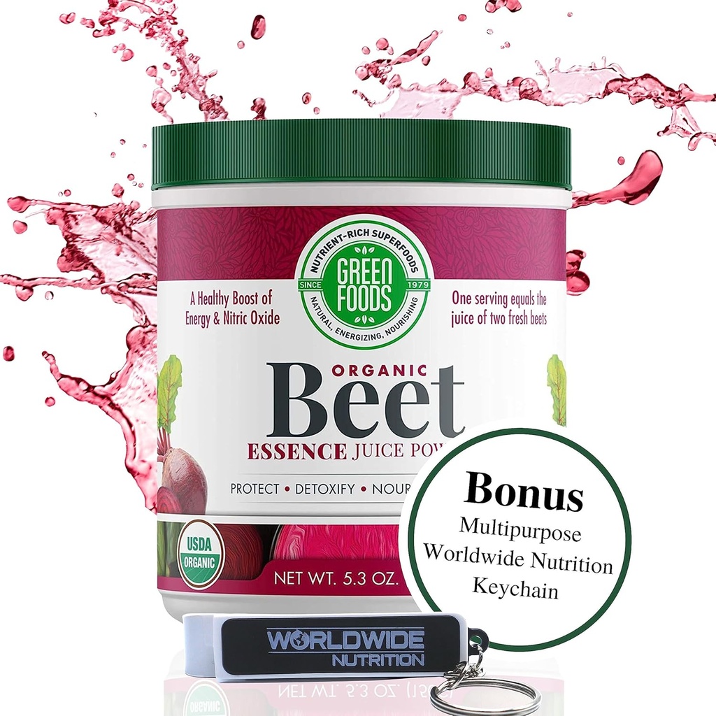 Green Foods - Orgánica Beet Essence Juice Powder- Nitric Oxide Super Food, Wholefood Antioxidant, Energía Natural, Resistencia, Detox, 5.3oz (30 Servimientos) con Bonus Key Chain