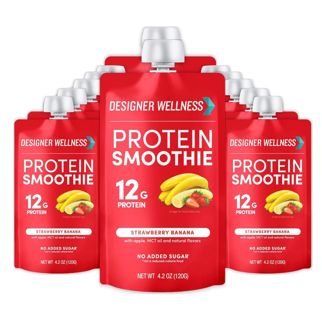 Diseñador Wellness Protein Smoothie, Fruta Real, 12g Proteína, Bajo Carb, Cero Añadido Azúcar, Sin gluten, No GMO, Sin Colores Artificiales o Sabores, Strawberry Banana, 12 Conde