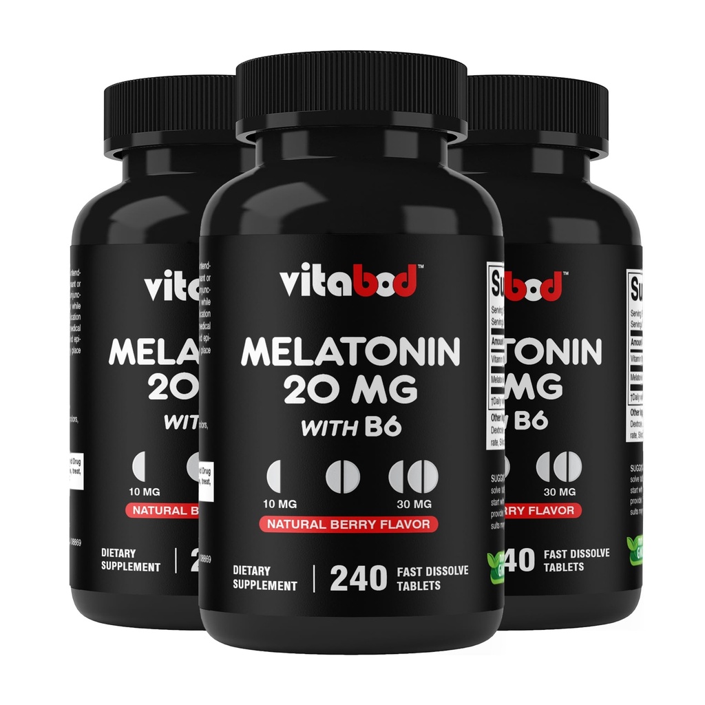 Melatonina 20 mg - 240 Tablas rápidas de disuelve - Libre de medicamentos - Sabor natural de Berry - Vegetariano, No GMO, Gluten Cuenta libre 240 (Pack of 3)