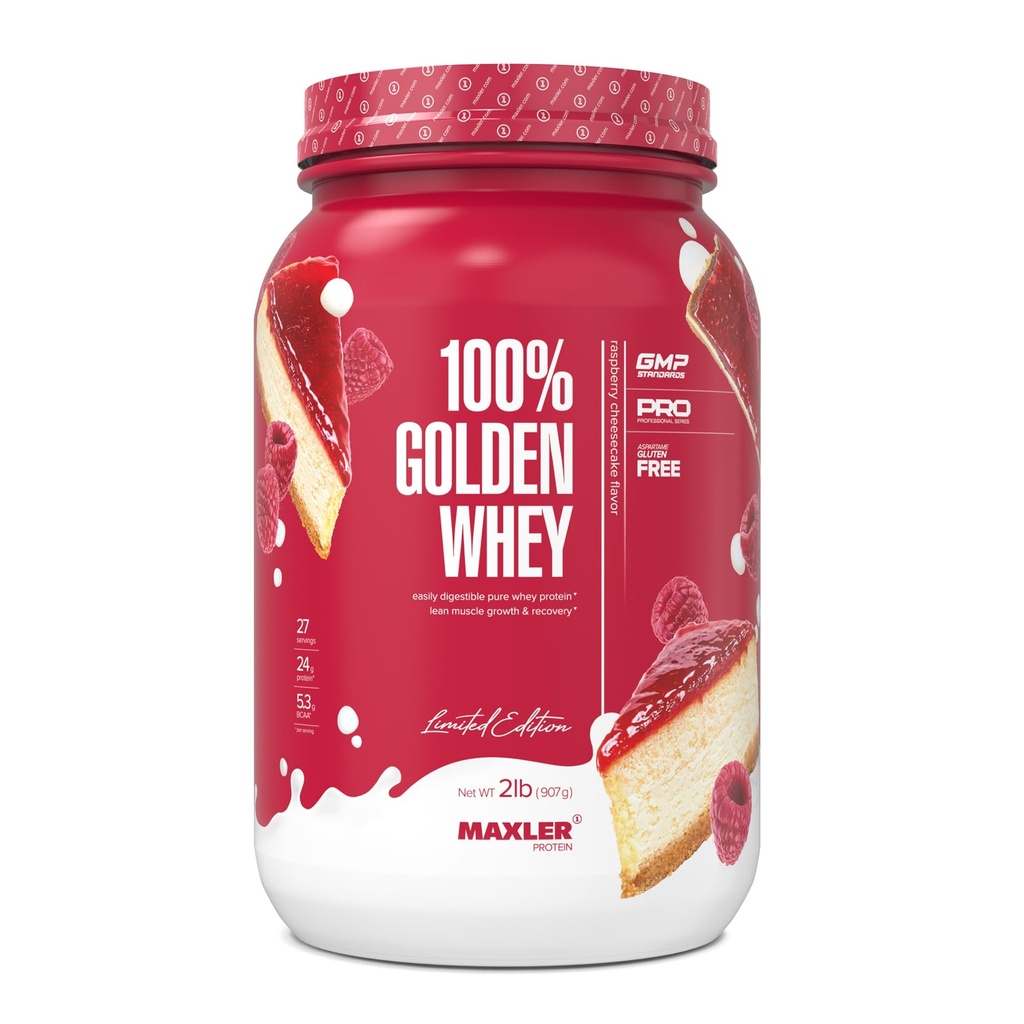 Maxler 100% Golden Whey Protein - 24g de Proteína por Servir - Premium Whey Protein Powder para Pre Post Workout - Fast-Absorbing Whey Concentrate Isolate Hydrolysate Blend - Raspberry Cheesecake 2 lb