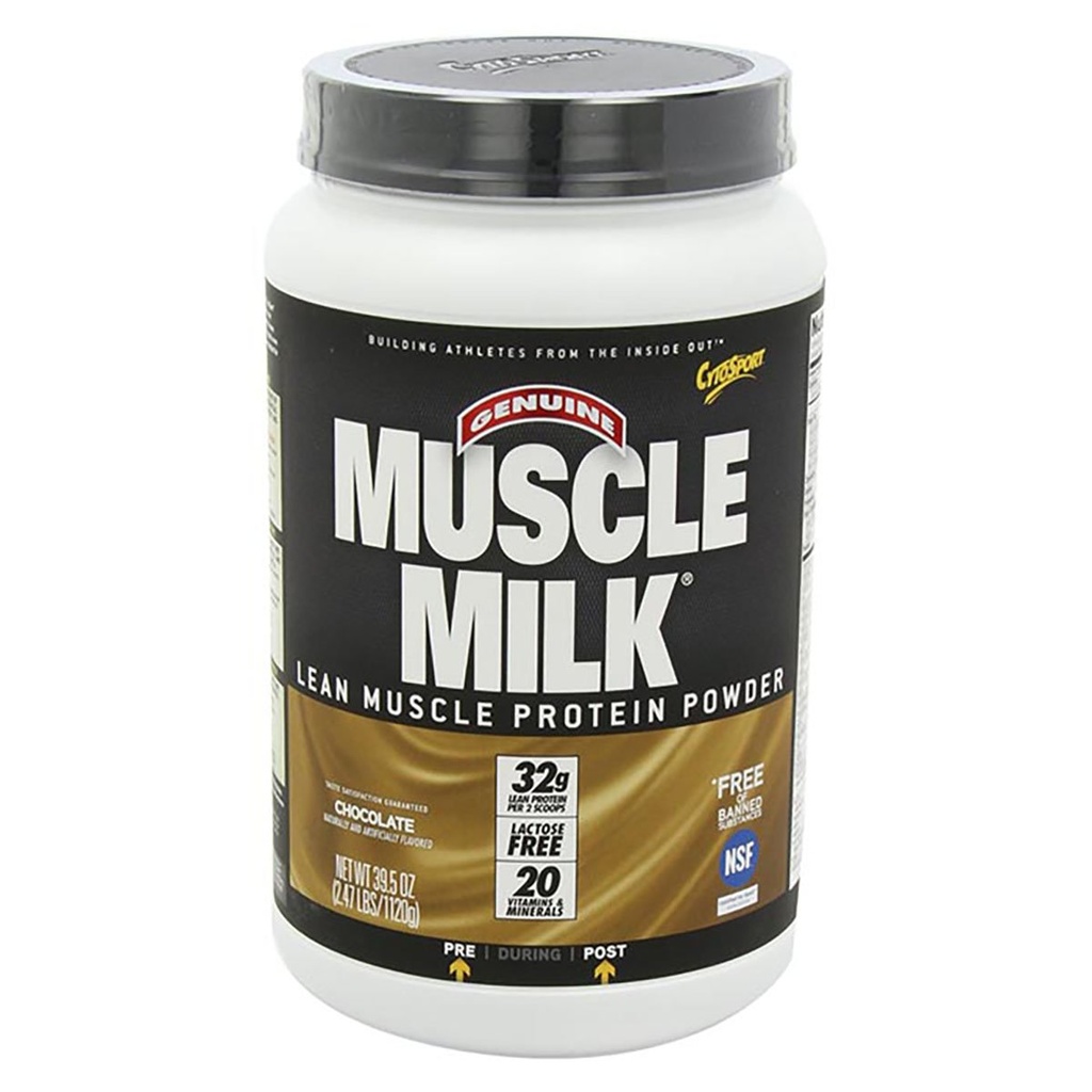 Muscle Milk Genuine Protein Powder, Chocolate, 2.47 libras, 16 piezas, 32g Proteína, 3g Azúcar, Calcio, Vitaminas A, C & D, NSF certificada para Deporte, Energizante Snack, Embalaje Mayo Vary