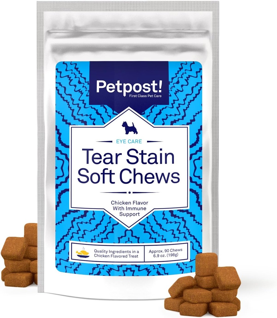 Petpost Tear Stain Remover Soft Chews for Dogs  90 Conde Chicken Flavor Dog Tear Stain Support Suplemento ← Gentle Eye Care for White Dogs & Light Breeds ← Tylosin Free, Made in USA