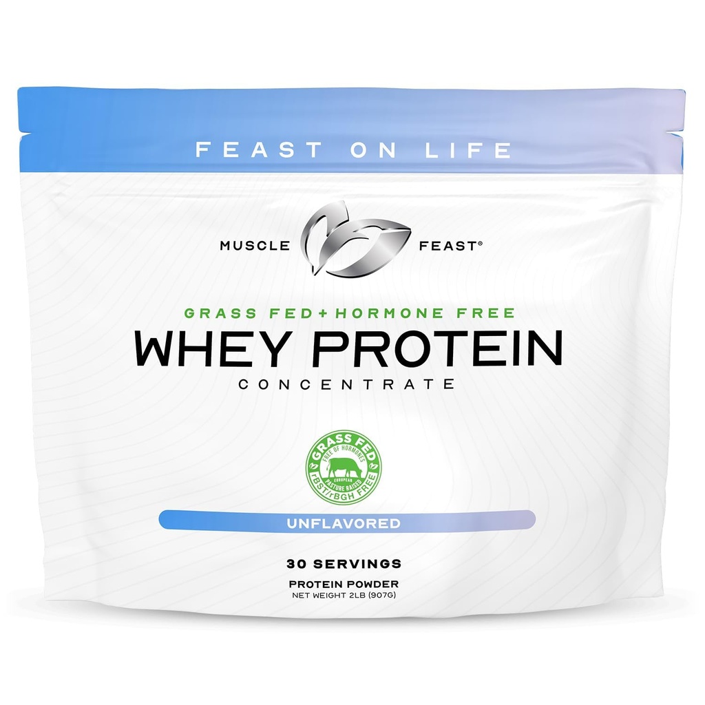 Muscle Feast Grass-Fed Whey Protein Concentrate Powder, All Natural, Hormone Free Pasture Raised Whey Protein Powder for Women &amp; Men, Clean, Non-GMO & Gluten Free Whey Concentrate - Unflavored, 2lb