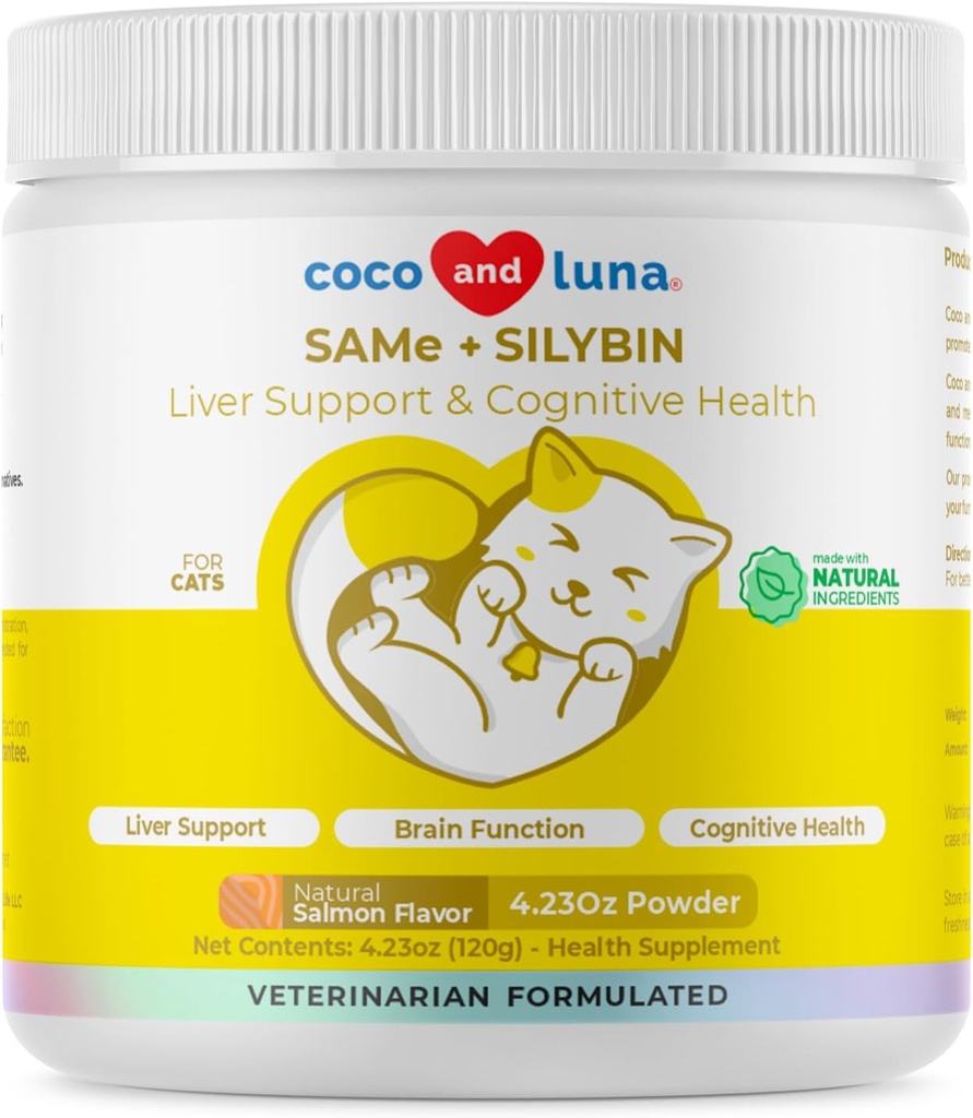 Mismo y Silybin para gatos - S-Adenosyl-L-Methionine - 120g Powder - Suplemento del hígado - promueve el apoyo cognitivo y del hígado