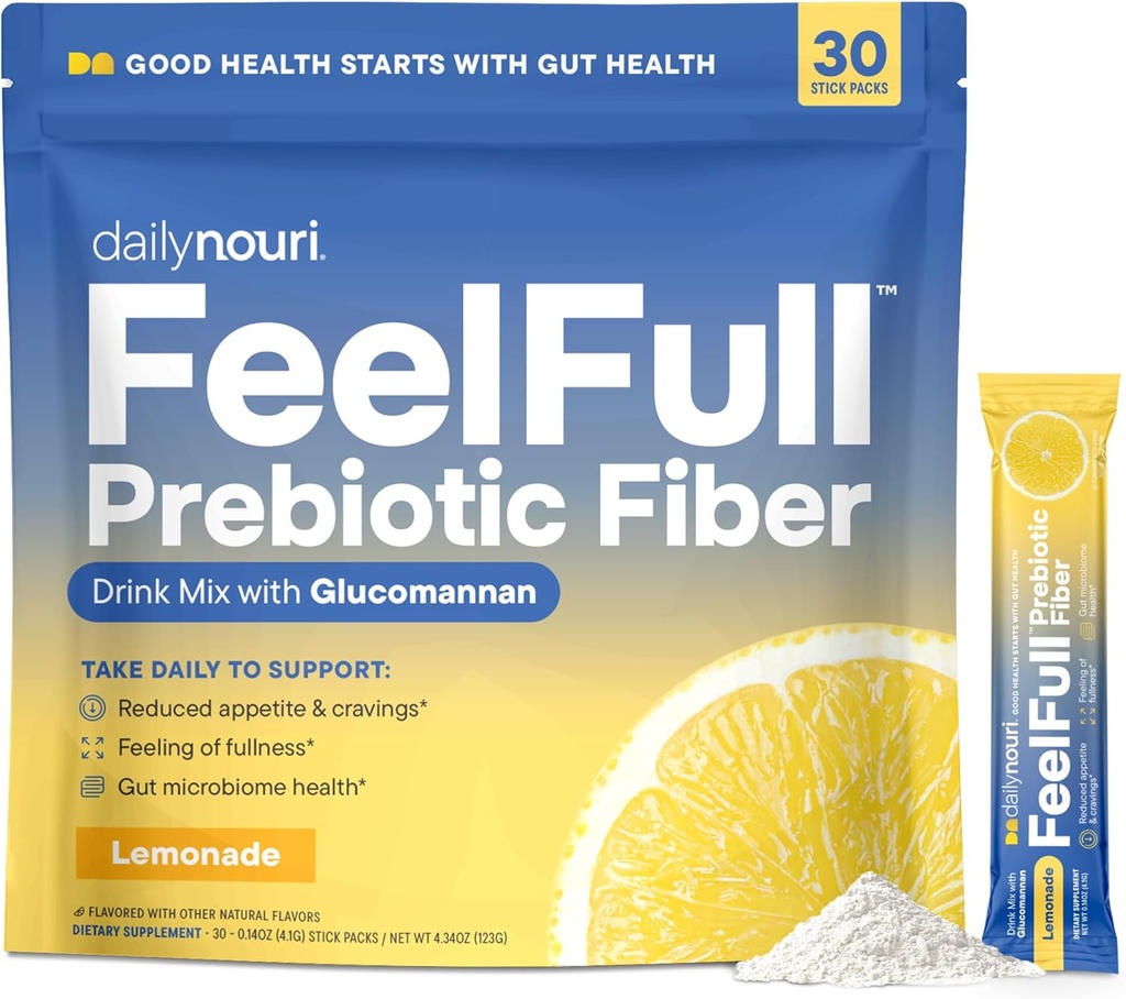 Daily Nouri FeelFull Prebiotic Fiber Drink Mix ← Soporta la plenitud natural, la competencia " Control de los amores, Gut " Metabolic Health TEN Oligofructose, Glucomannan " Chromium TEN 30 Stick Packs