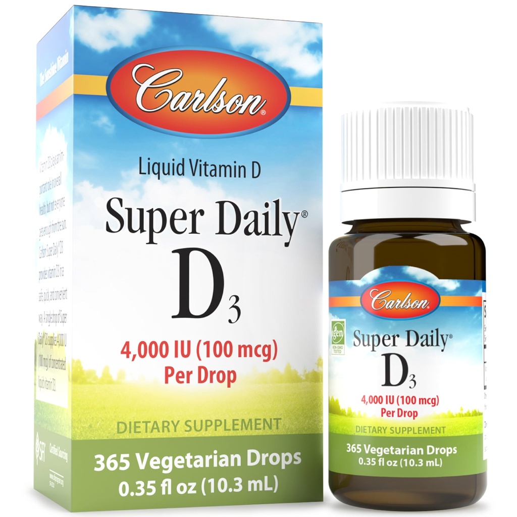 Carlson Super Daily D3 4,000 UI (100 mcg), Heart &amp; Immune Health, Teeth & Bone Strength, Unflavored, 365 Drops