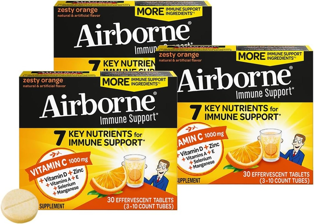 Airborne 1000mg Vitamina C + Azúcar Zinc Soporta Multivitaminas Effervescent Fizzy Tablets, Zesty Orange Flavor con potentes antioxidantes Vitaminas A C & E, 30 Tablets (3 Pack)