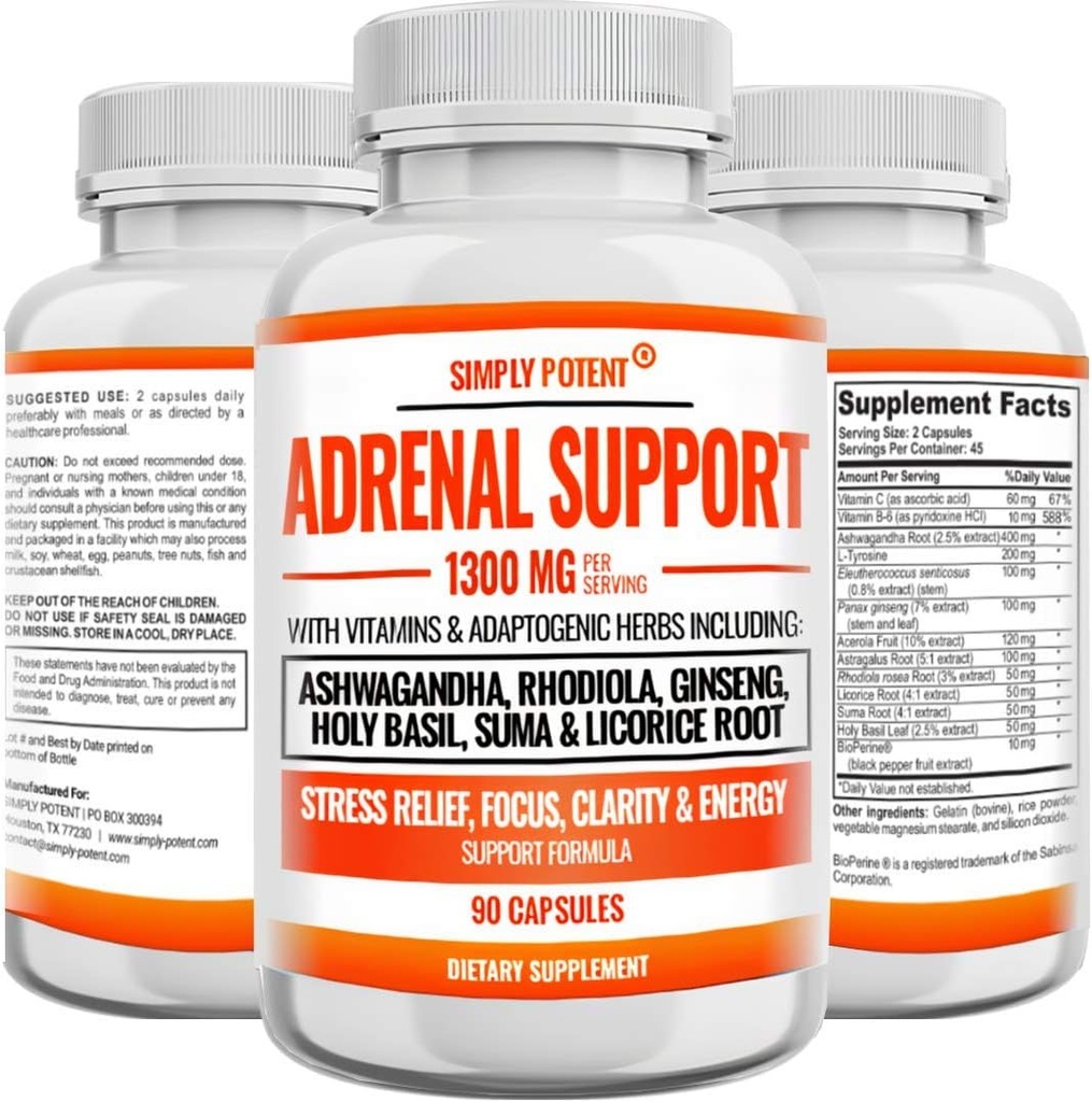 Soporte Adrenal y Gerente de Cortisol - 90 Capsules, Suplemento de Salud Adrenal con Ashwagandha, Licorice Root, Rhodiola Rosea, Ginseng, Holy Basil for Adrenal Fatigue for Women & Men