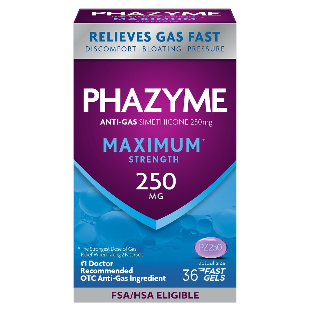 Phazyme Maximum* Strength Anti-Gas 250 mg Simethicone Gas Relief for Adults, Fast Gels Quickly Ease Bloating, Pressure & Discomfort, 36 Condes