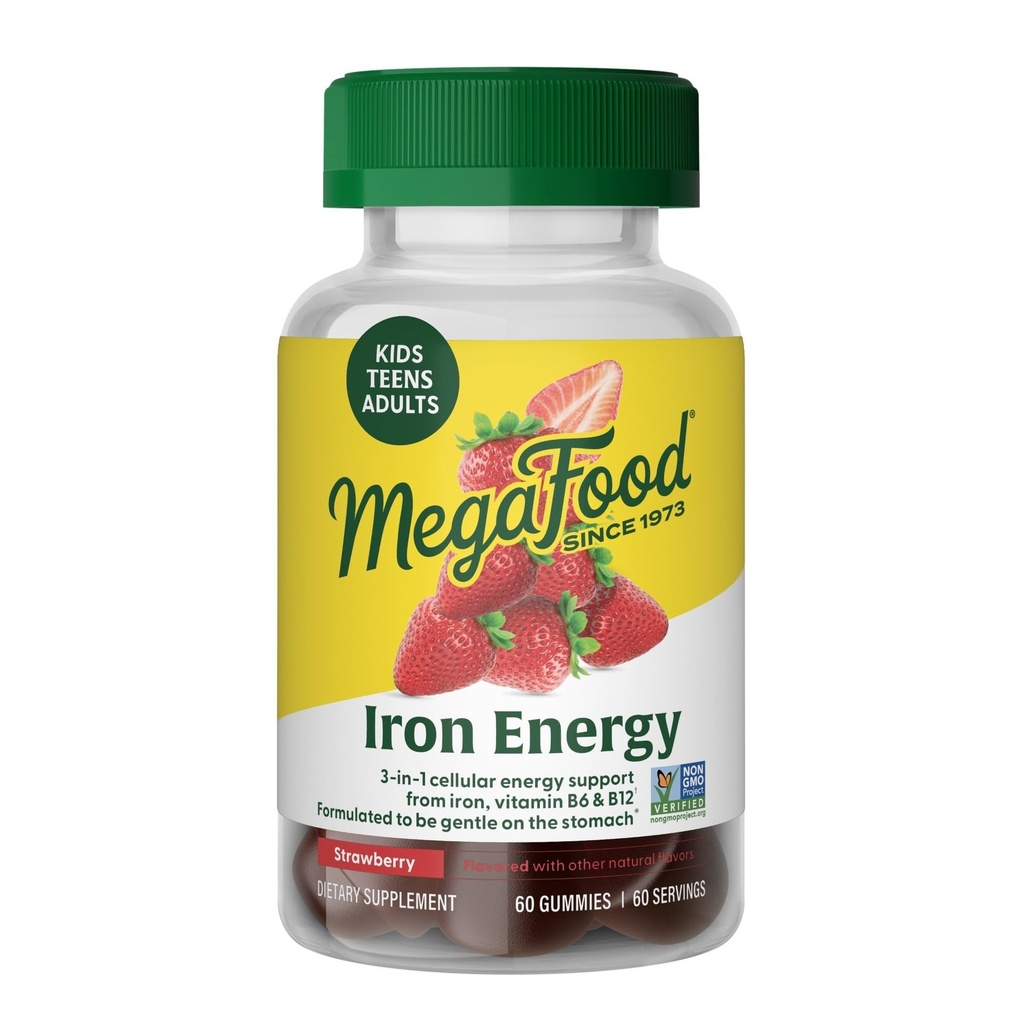 Megafood Iron Energy Gummies, Suplemento de Hierro para Mujeres, Hombres, Adolescentes &amp; Niños con Vitamina B12 &amp; B6, Vitaminas, de The Makers of Blood Builder Suplemento, Strawberry Flavor, 60 Con