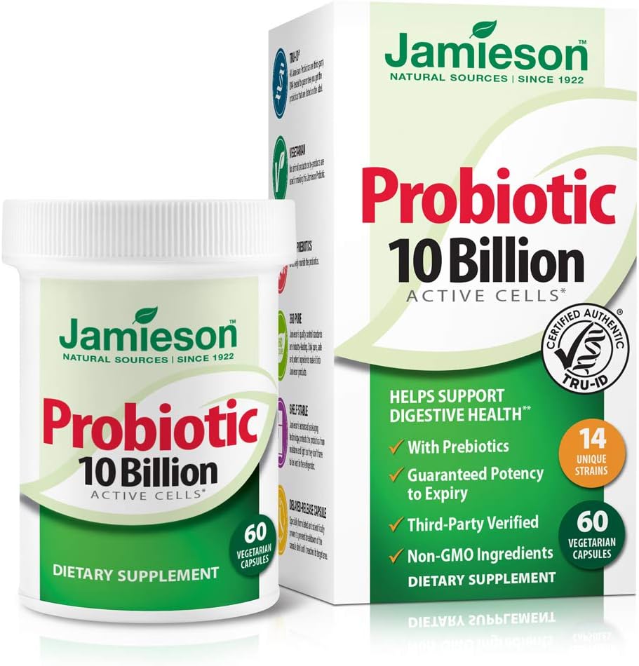 Jamieson Probióticos 10 Billones - Suplemento Probiótico diario para la digestión, Restaurar Gut Health y Immune System Support - Probióticos para Mujeres y Hombres (60 Cuenta).