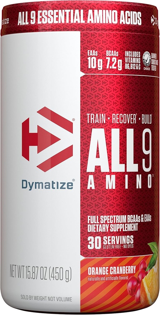 Dymatize All9 Amino, 7.2g of BCAAs, 10g of Full Spectrum Essential Amino Aminoácidos Por Serving for Recovery and Optimal Muscle Protein Synthesis, Orange Cranberry, 30 Servings, 15.87 Ounce