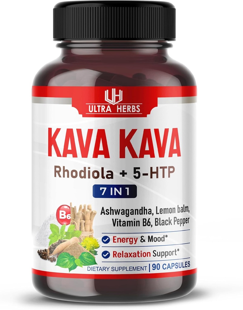 Kava Kava Suplemento de cápsulas - Fórmula Enriquecida con Ashwagandha, 5-HTP, Rhodiola, Lemon Balm, Support Mood, Calma & Relajación