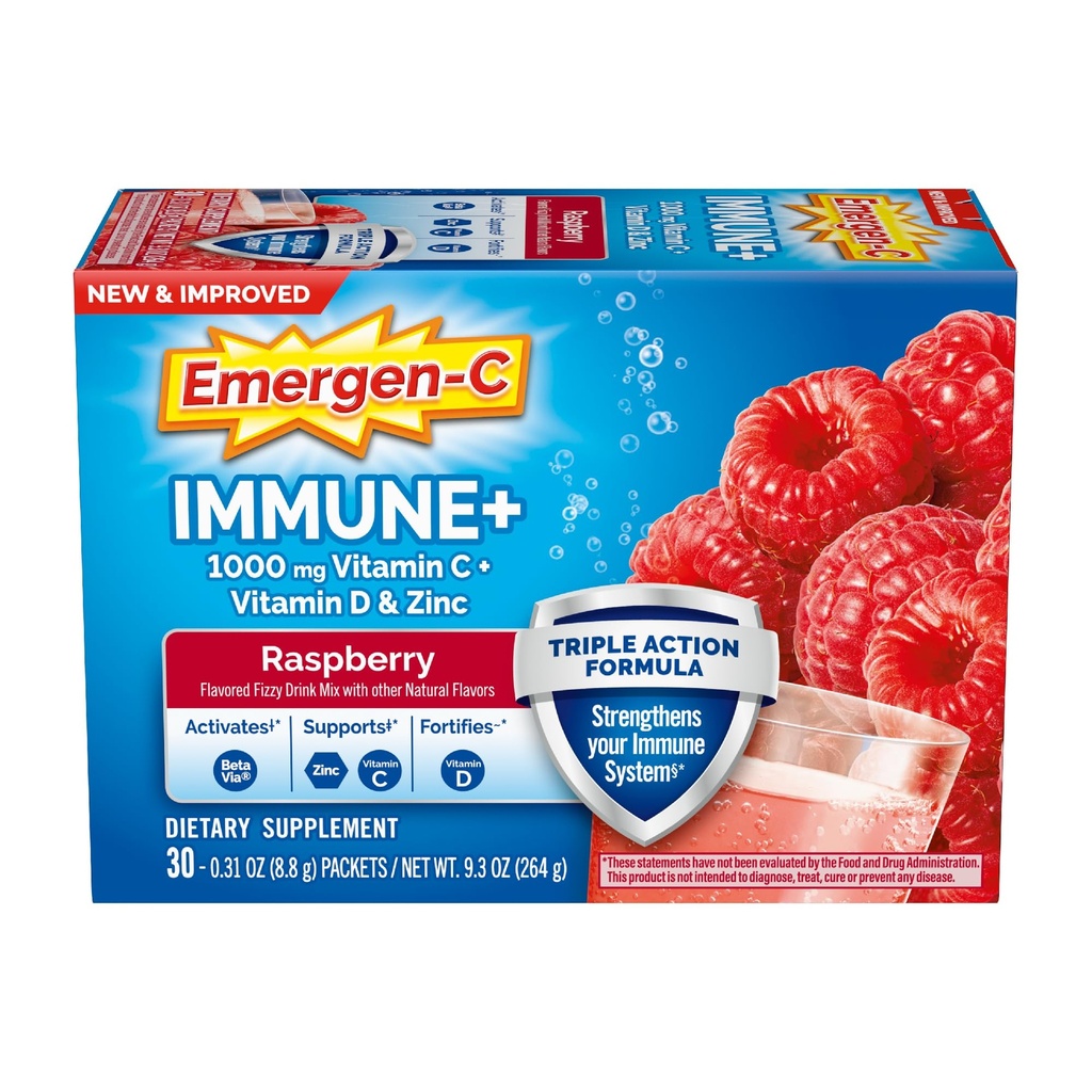 Emergen-C Immune+ Triple Action Immune Support Powder, BetaVia (R), 1000mg Vitamina C, B Vitaminas, Vitamina D y Antioxidantes, Raspberry, Volver a Esenciales Escolares – 30 Cuenta