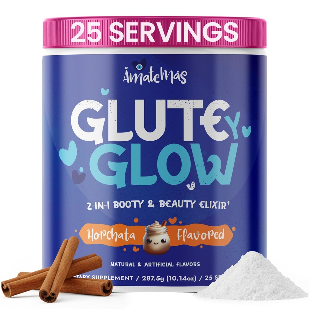 Glute Y Glow por Amatemas – La Creatina de las Mujeres + Suplemento de Biotina para el Crecimiento del Musculo, Apoyo al Glute, Esquí de Pelo &amp; uñas – Horchata Flavor – Apoyo energético – Lean Muscle – Daily Performance Blend
