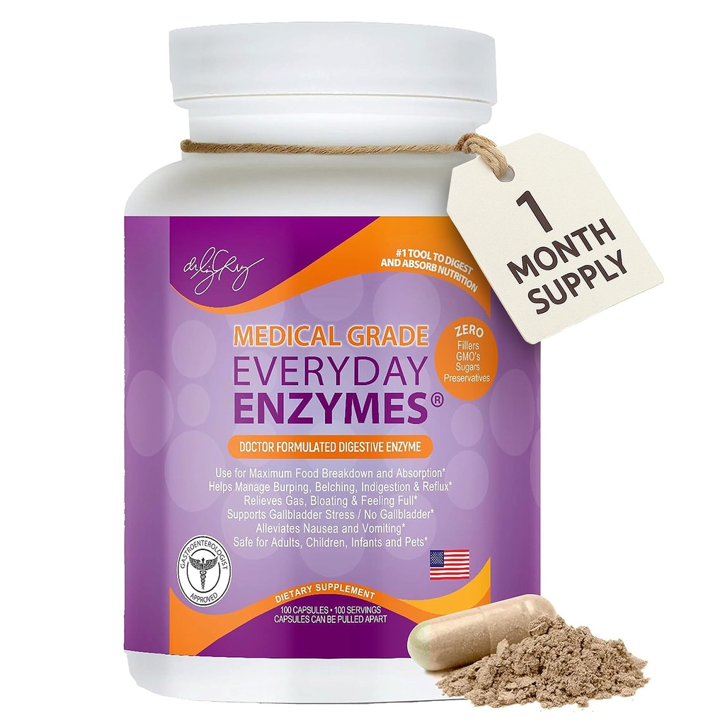Dr. Liz Cruz Todos los días ENZYMES - Suplemento de digestión, Suplementos dietéticos, Superenzimas de grado médico, Bloating, Gas y Reflujo Alivio para Mujeres, Hombres, " Niños no GMO, 100 cápsulas vegetarianas