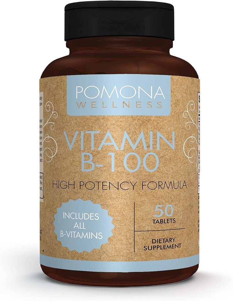Pomona Wellness Vitamina B Suplemento Complejo con ácido fólico, multivitamina de alta potencia, todas las vitaminas de 10 B incluyendo B12, soporta niveles de energía, salud cardíaca, no GMO, 50 tabletas
