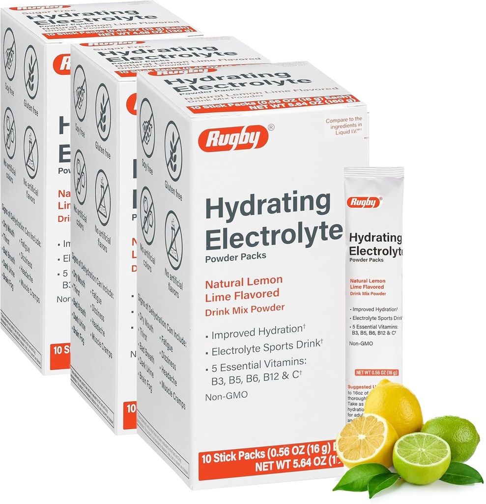 Rugby Hydrating Electrolyte Powder Packs - Bet Mix Powder Packets con 5 vitaminas - Hidratación mejorada - Natural Lemon-Lime Flavor - 10 Stick Packs - 0.56 Oz Cada (3 Pack)