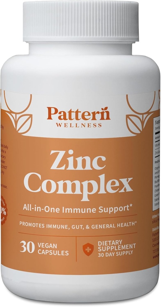 Pattern Wellness Zinc Complex Supplement - High Absorption Zinc con vitamina C + Probióticos - Soporte integral - 3a Laboratorio de fiestas probado - 30 cápsulas Vegan