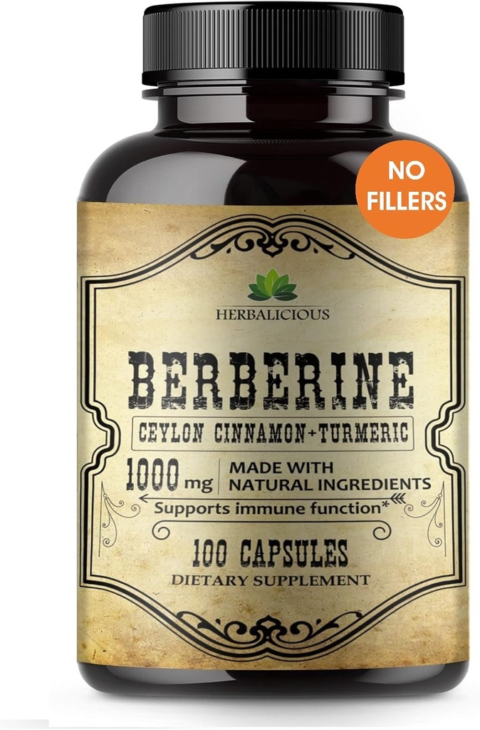 Berberine Capsules Ceylon Cinnamon & Turmeric - Beberina HCL Suplemento dietético para Hombres y Mujeres – No GMO Berberine 1000mg – Ideal para soporte inmunitario, corazón, nivel de colesterol