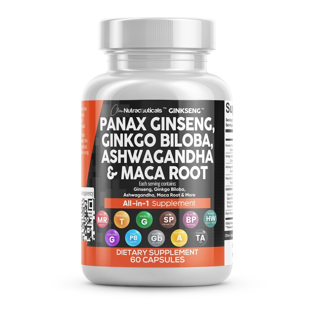 Nutraceuticals limpios Panax Ginseng Ginkgo Biloba Ashwagandha Maca Root - Foca suplemento píldoras para mujeres y hombres con Pine Bark Extract, Ajo y Saw Palmetto - 60 caps