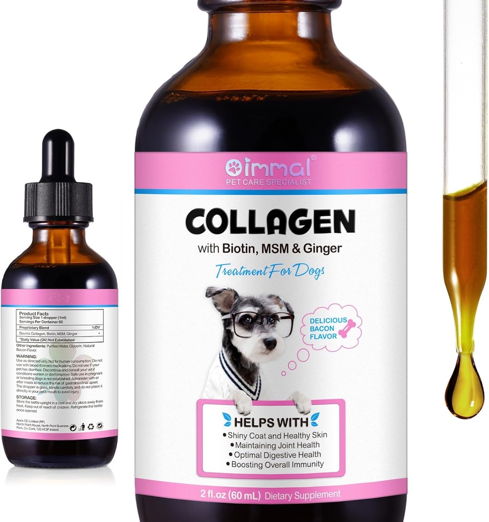 Collagen líquido para perros - Natural Dog Líquido Collagen Skin and Coat - Asistencia para perros Itch Relief and Joint Health - Bacon Flavor / 2.02 Oz