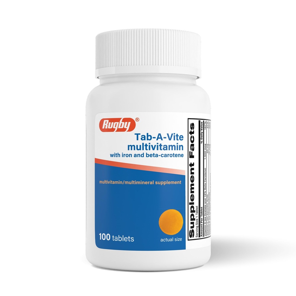 Rugby Tab-A-Vite Multivitamínico con Hierro y Beta-Caroteno - Multivitamínico diario para adultos, soporta salud general, suplemento multimineral - 100 tabletas