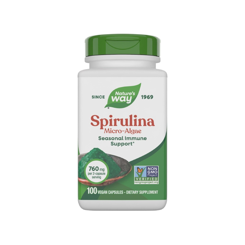 Camino de la Naturaleza Spirulina Micro-Algae, Soporte Estacional de Inmuno*, Fuente de Vitamina A (Beta Carotene), 760 mg por Serving, 100 cápsulas Vegan (Paquete May Vary)