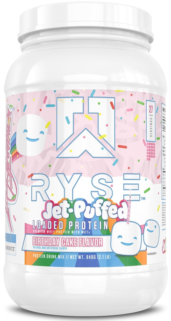 Polvo Proteína cargada RYSE - Pastel de cumpleaños con Jet-Puffed - 25g Whey Protein Isolate " Concentrate with Prebiotic Fiber " MCTs - Bajo Carb, Sugar bajo, Digestive-Friendly - 27 Servings / 2 lb Tub