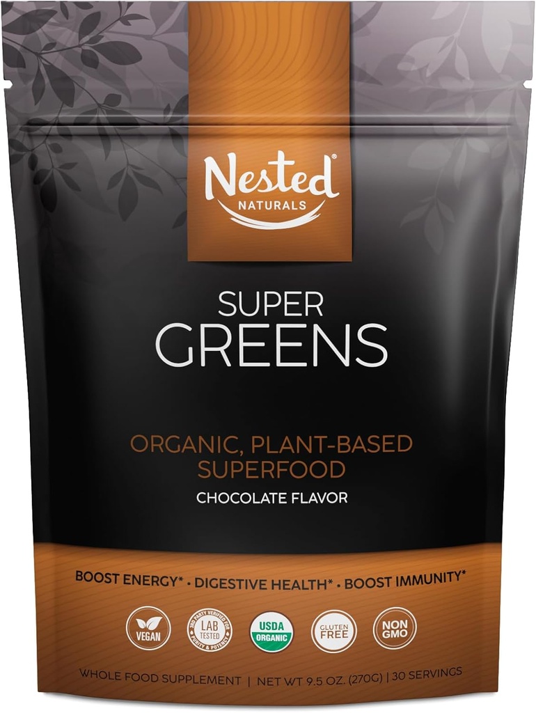 Super Greens #1 Green Superfood Powder tención 100% USDA Organic Non-GMO Suplemento vegano tención 20+ Alimentos enteros (Espirulina, Calor Grass, Barley), Probióticos, Fibra & Enzymes (Original, 30 Servings) (Chocolate)