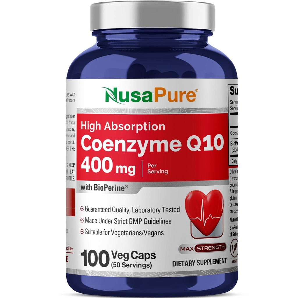 NusaPure CoQ10 400mg 100 Veggie Caps (Vegan, Non-GMO) Coenzyme Q10 Suplemento, Antioxidante COQ-10 Enzyme, Coq 10
