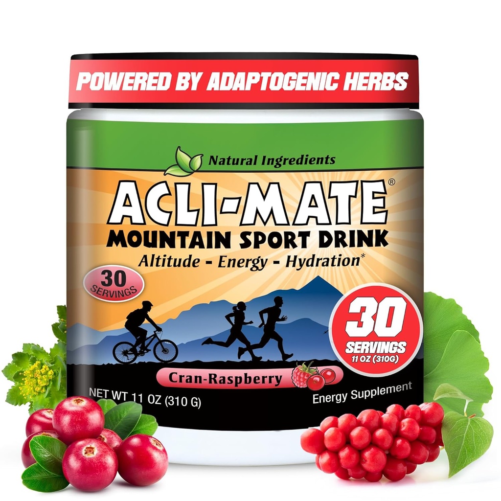 Acli-Mate Mountain Sport Drink Mix - High Altitude Acclimatization Electrolytes Powder - Energy Powder Mix - Recovery Hydration Drink for Running, Hiking, Cycling, Travel &amp; More (1 Tub, CranRaspberry)