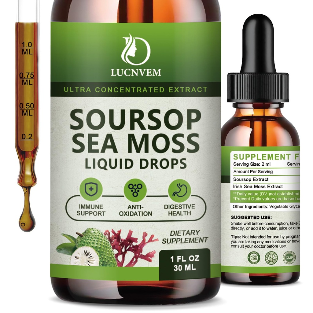 (2 Pack) Orgánica Soursop Graviola con gotas líquidas Moss Mar, Soursop Bitters Líquido rico en multivitamina para el antioxidante natural, Immune Boost, Cell Support & regeneración, Pineapple Flavor