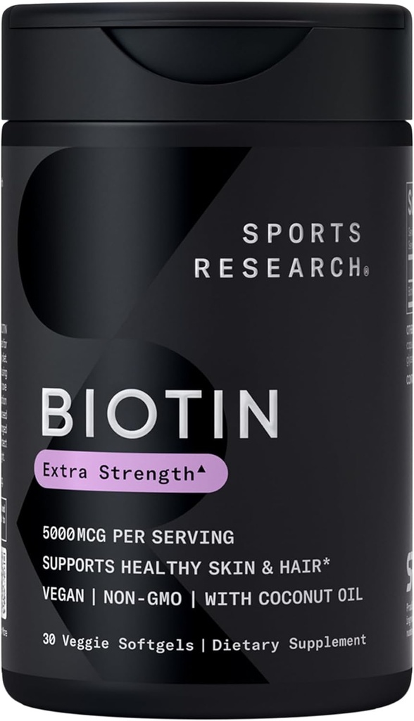 Sports Research Extra Strength Vegan Biotin (Vitamin B) Suplemento con aceite de coco orgánico - Apoyo Keratin para la piel más sana - Grande para hombres de mujeres - 5,000mcg, 30 Veggie Softgel cápsulas