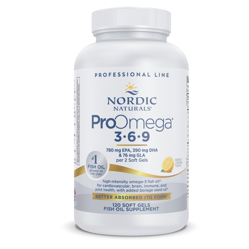 Naturales nórdicos ProOmega 3-6-9, Sabor de limón - 120 Gels blandos -1360 mg Omega-3 - EPA &amp; DHA con GLA añadido - Esquí sano, Cognición, Mood positivo - No GMO - 60 Servimientos