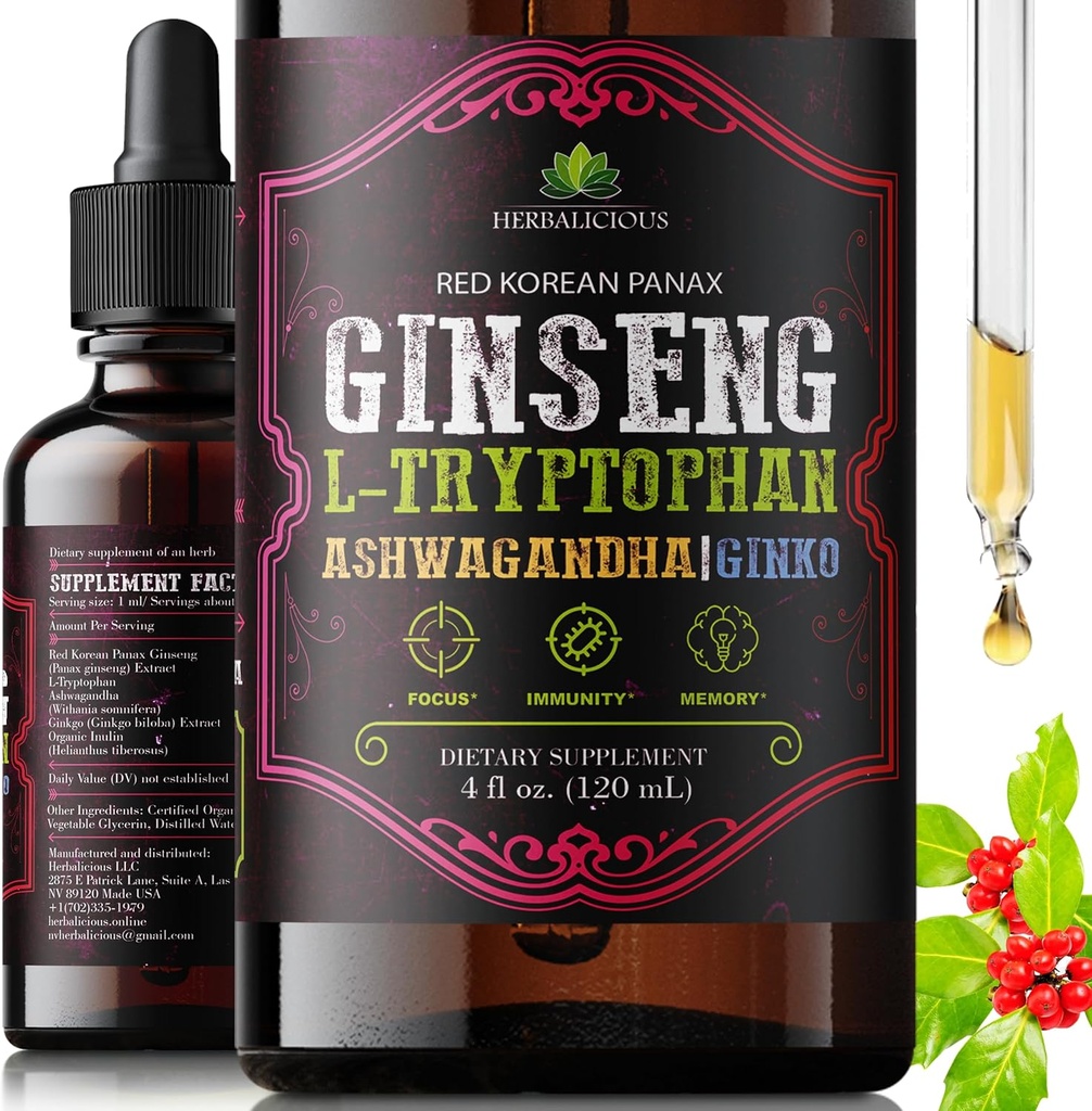 Ginseng L-Tryptophan Líquido con Ashwagandha, Ginkgo & Red Korean Panax – Herbal Dietary Supplement – Non-GMO Fórmula Vegetariana – 4 fl oz