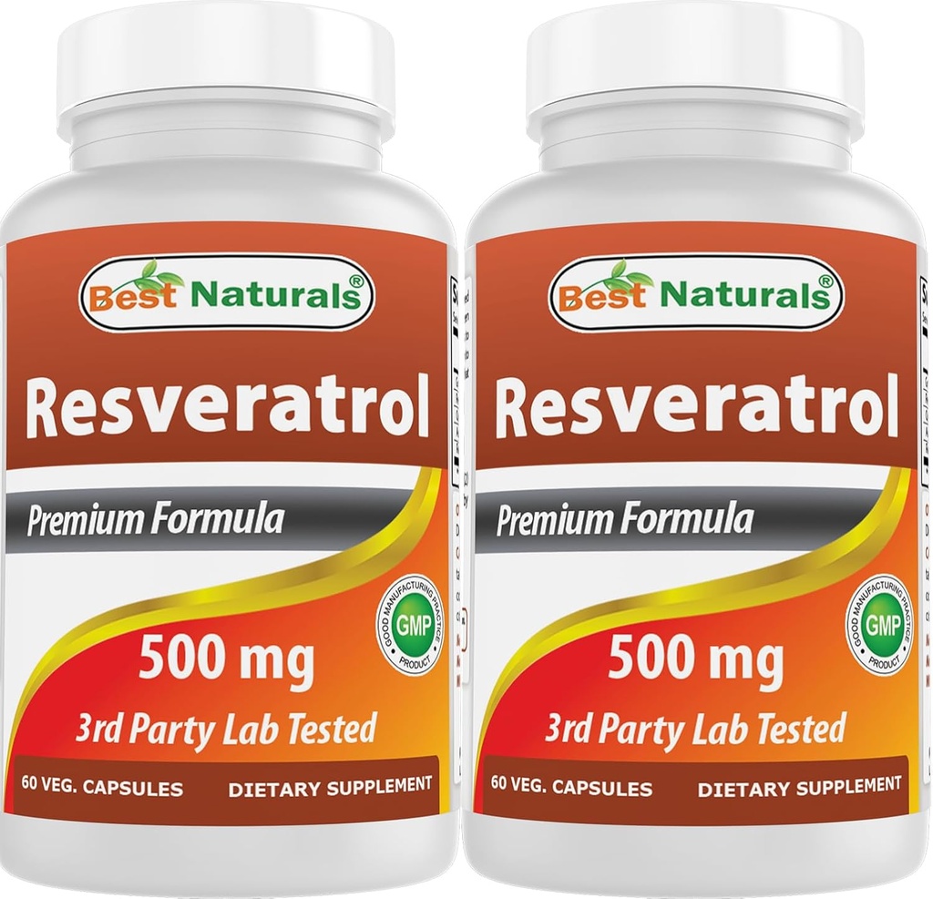 Best Naturals 2 Packs Resveratrol Complex 500 mg 60 Veg Capsules Hecho con piel de uva, vino tinto, quercetina - Gluten Free & Non GMO - (Total 120 Capsules)