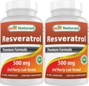 Best Naturals 2 Packs Resveratrol Complex 500 mg 60 Veg Capsules Hecho con piel de uva, vino tinto, quercetina - Gluten Free & Non GMO - (Total 120 Capsules)