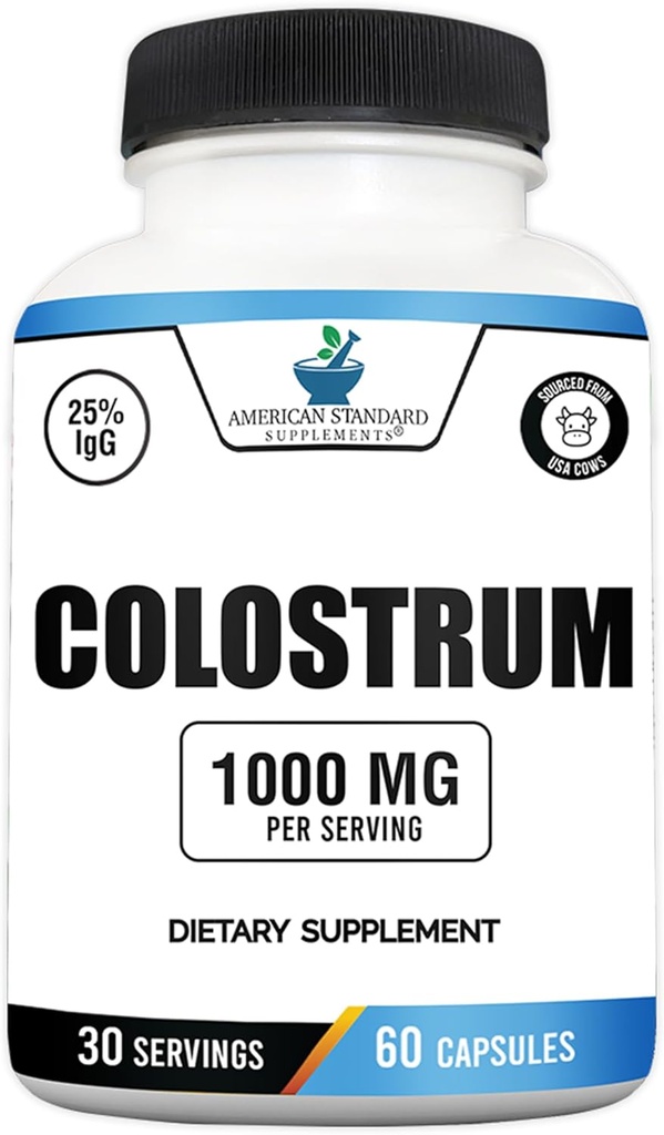 American Standard Supplements Colostrum Capsules - 1000mg Por Serving, 60 Capsules, USA Sourced Cow Colostrum, Estándarizado a 25% Inmunoglobulinas (IgG)