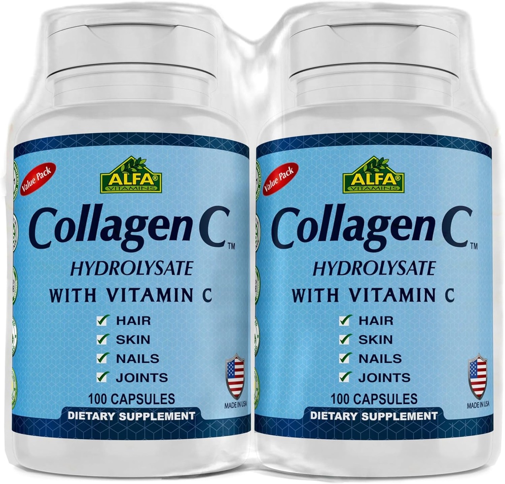 CollagenC Hidrolysate by Alfa Vitamins - Contiene biotina y vitamina C - 100 cápsulas Cada - 2 Pack
