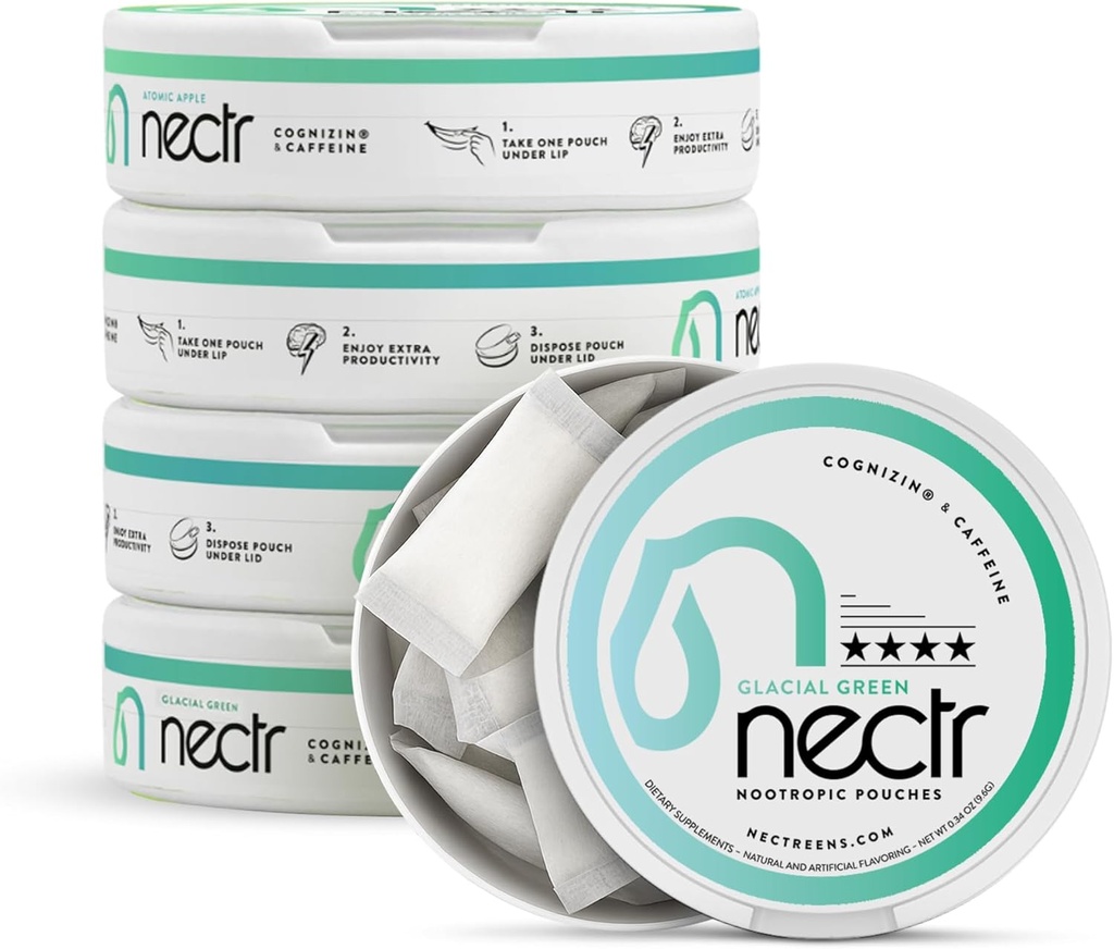 Nectr Energy Nootropic Pouches – Glacial Green Wintergreen Caffeine Pouches con Cognizin® Citicoline. Treats cerebrales libres de azúcar. Smooth, Sustained Focus & Energy Supplement - 5 Pucks of 16pcs