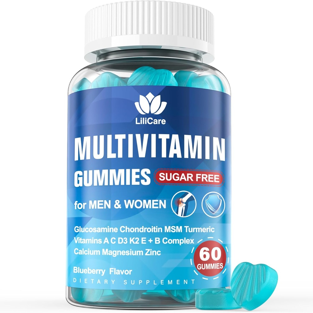 Hombres & Mujer Azúcar Multivitamina sin metilada 50 Plus con Glucosamina Chondroitin MSM, Hierro Gummies gratis para Senior con Multi Vitamina D3 K2 & A C E, Complejo B - 60 Conde (Pack of 1)