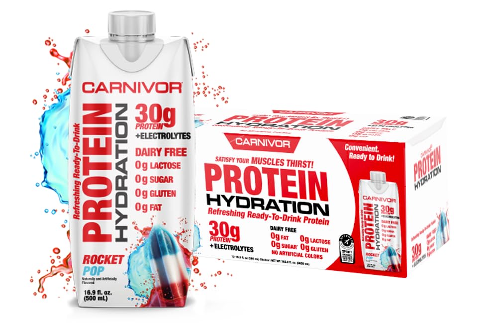 MuscleMeds Carnivor Protein Hydration RTD, Listo para beber, Lactose Free, Sugar Free, 30g Isolate Protein, Halal Certified, Rocket Pop, 16.9 Fl Oz (Pack of 12)
