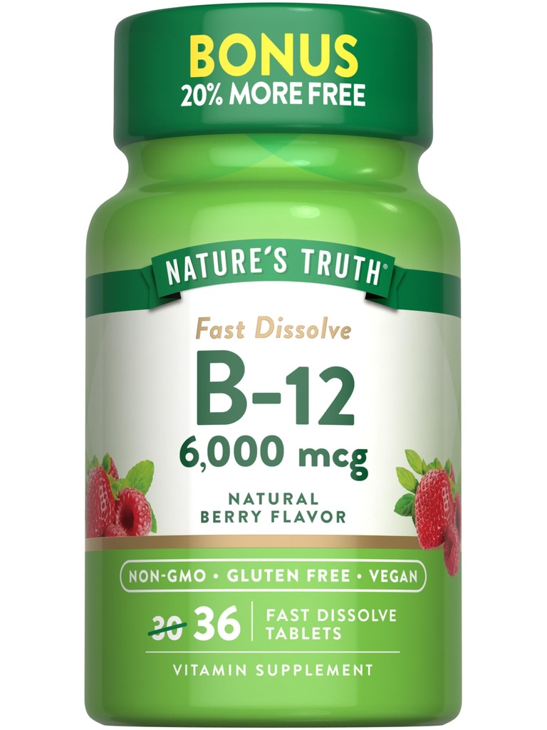 La verdad de la naturaleza B12 Vitamina 6000 mcg ← Methylcobalamin  36 Tablets ← Fast Dissolve Natural Berry Flavor ANTE Vegan, Non-GMO &amp; Gluten Free