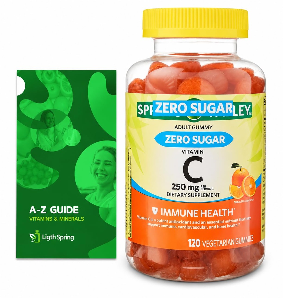 Zero Sugar Vitamina C Gummies Suplemento dietético, 250 mg, 120 Ct Bundle with Exclusive Vitamins & Minerals - A a Z - Better Ligth plagaSpring Guide